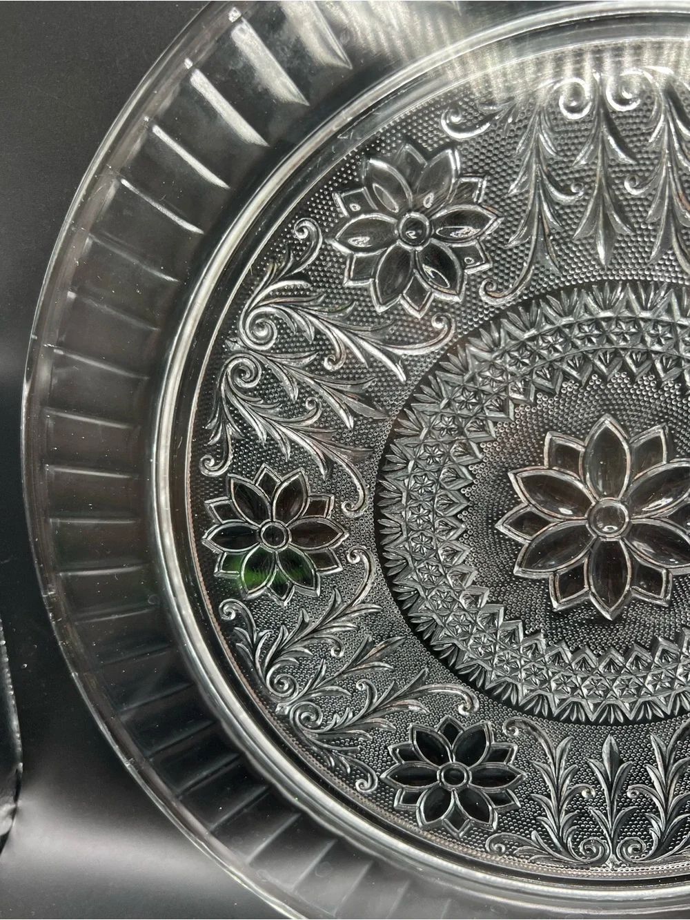 Vintage Heavy Pressed Glass Floral Serving Platter 13” Decorative Cake Plate